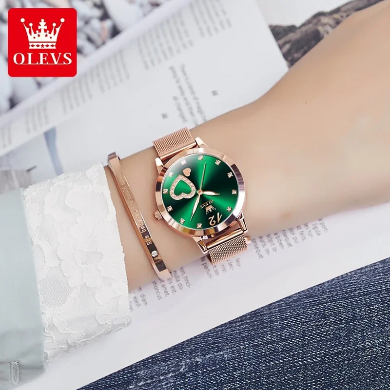 OLEVS 5189 Ultra Thin Quartz Women Watch Luxury Mesh Steel Strap Fashion Heart Shape Dial Ladies Wristwatch   New In