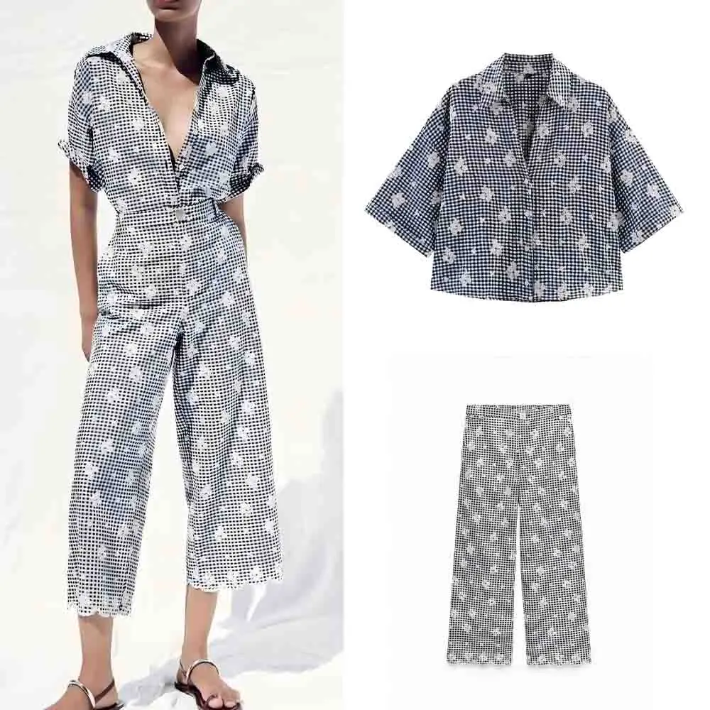 

Women's new fashion embroidery decoration short sleeved checkered shirt retro lapel women's shirt chic top+Pants suit
