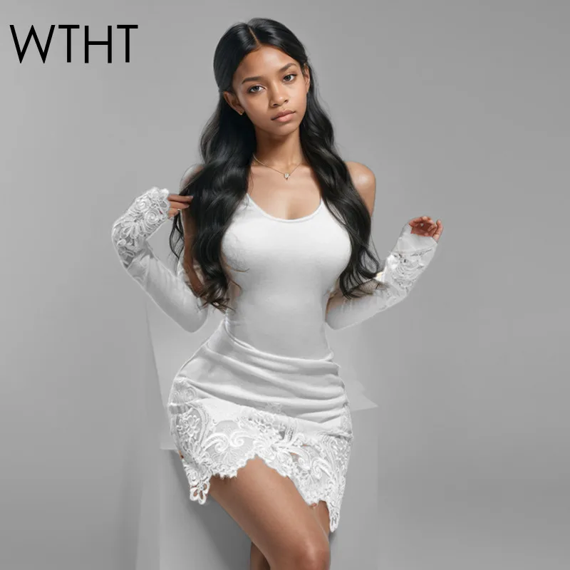 

WTHT New Fashion Women's Embroidery Lace Spliced Slim Dress 2025 Spring V-neck Long Sleeves Solid Color Dresses Female 1LS769