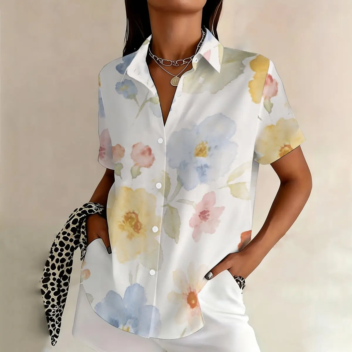 

Plus Size Women's French Fresh Watercolor Floral Short Sleeve Shirt • Premium Texture • Versatile for Commute & Gathering