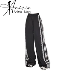 Women's Black Gothic Baggy Striped Pants Vintage Y2k Harajuku Aesthetic Emo Pants Patchwork Lace Trousers 2000s Trashy Clothes