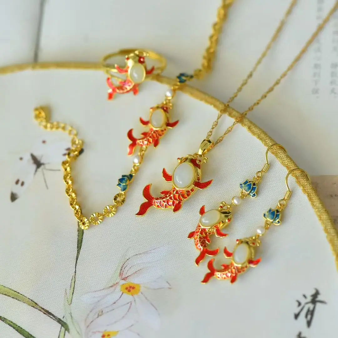Certificated 925 Silver Natural Nephrite Jade Fortune Koi Bracelet/Earring/Necklace/Ring Real Stone Red Lucky Charm Jewelry Set