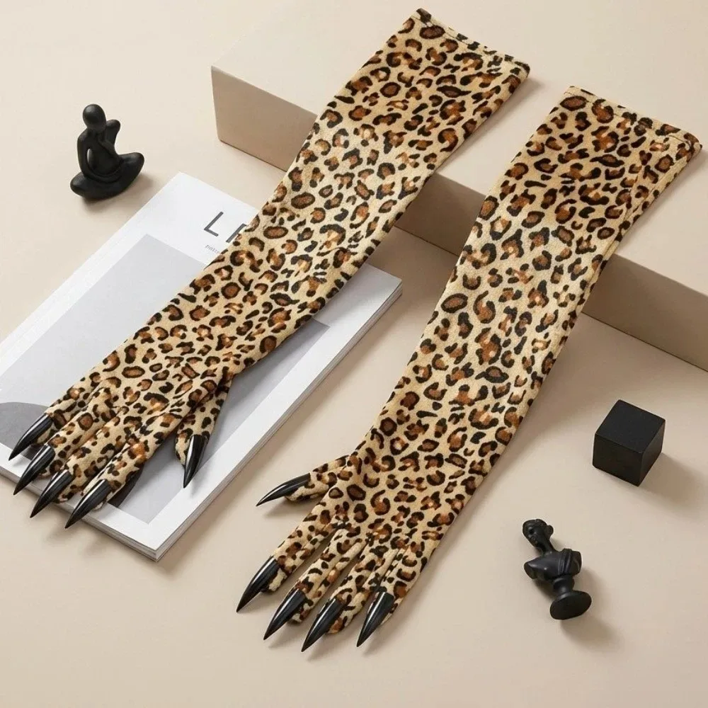 Fashion Long Sleeve Leopard Pattern Gloves Stretchy Personality Cosplay Gloves Creative Stretch Nail Gloves Festival
