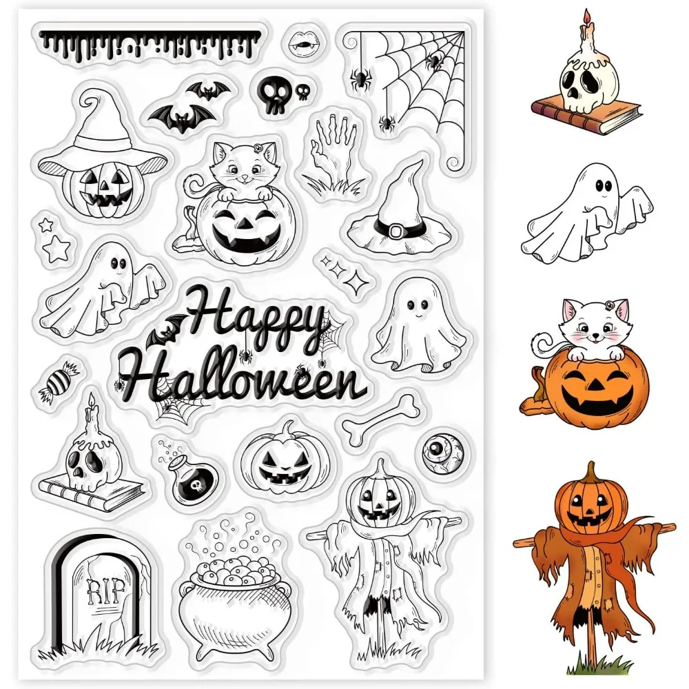 Pumpkins and Ghost Silicone Clear Stamp Spider Webs and Scarecrows Transparent Silicone Stamp Skull Rubber Stamp for Scrapbook