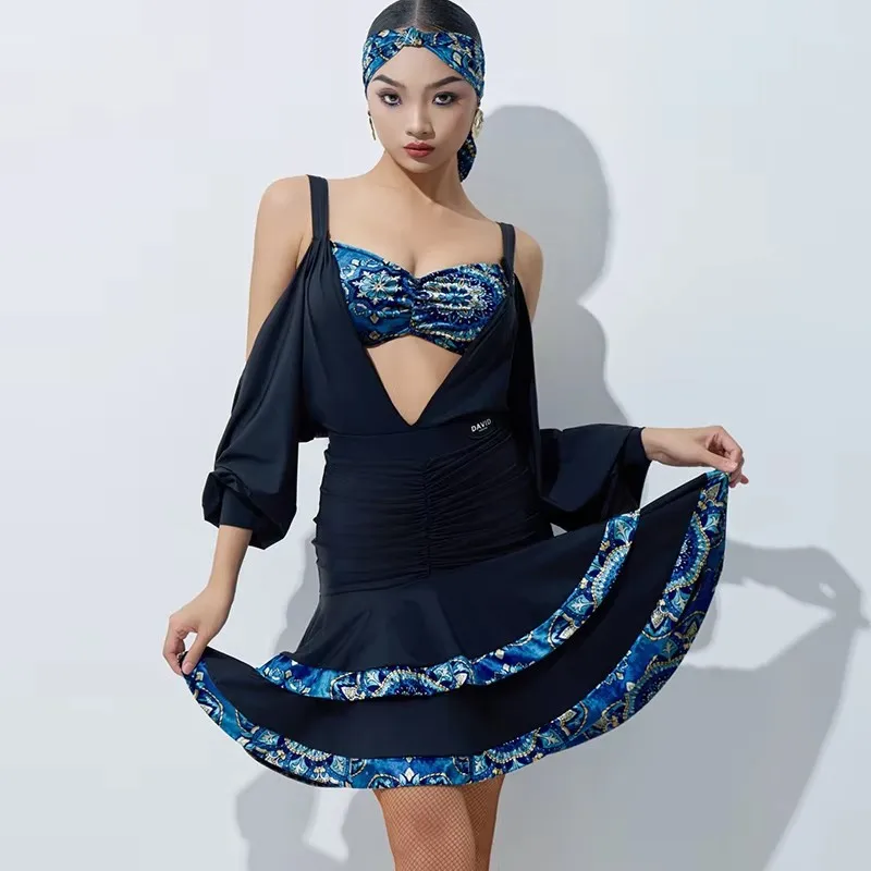 Costumi di performance di danza latina di fascia alta per le donne Scavato Top Gonne divise Vestito Samba Chacha Vestito da palcoscenico latino DN19284