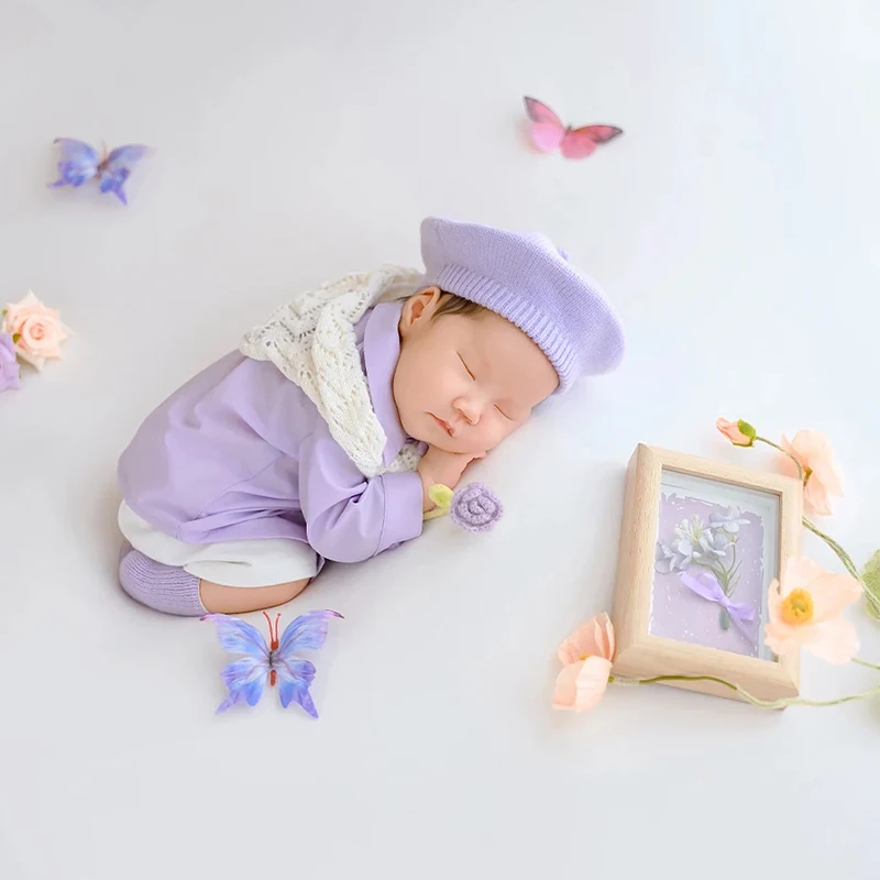 Puntelli per fotografia neonato Berretto lavorato a maglia stile signorile + Top + Pantaloncini Fiore artificiale Farfalla Puntelli Abiti fotografici per studio infantile