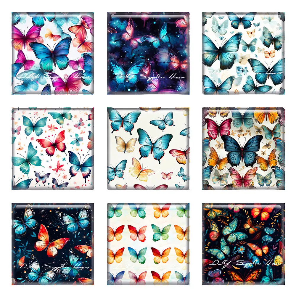 

10pcs/lots Square Photo Glass Cabochon Butterflies Charms Demo Flat Back Cameo For Diy Jewelry Making Findings Accessories