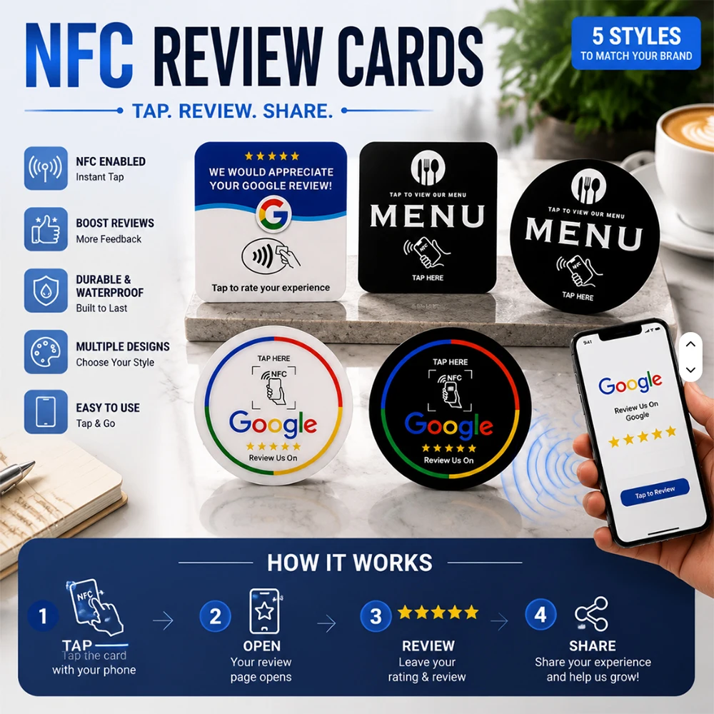 50PCS NFC Square Round Programmable Google Menu Evaluation Card NFC Desktop Card Adhesive PVC Card Reusable Google Review