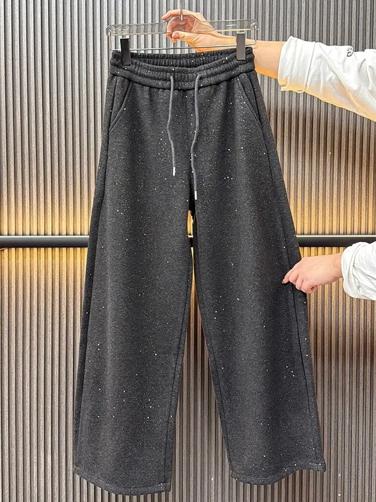 المرأة الأحمر بنطال ذو قصة أرجل واسعة شتاء جديد غرامة فلاش المخملية سميكة الدافئة عالية الخصر بنطلون الكورية فضفاض حجم كبير الطابق بنطلون