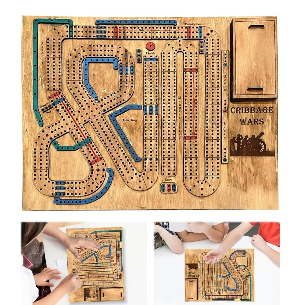 Wooden Cribbage Wars Board Game with Built-in Cribbage Pegs Storage Compartment Cribbage War Game Cribbage Board Game Set