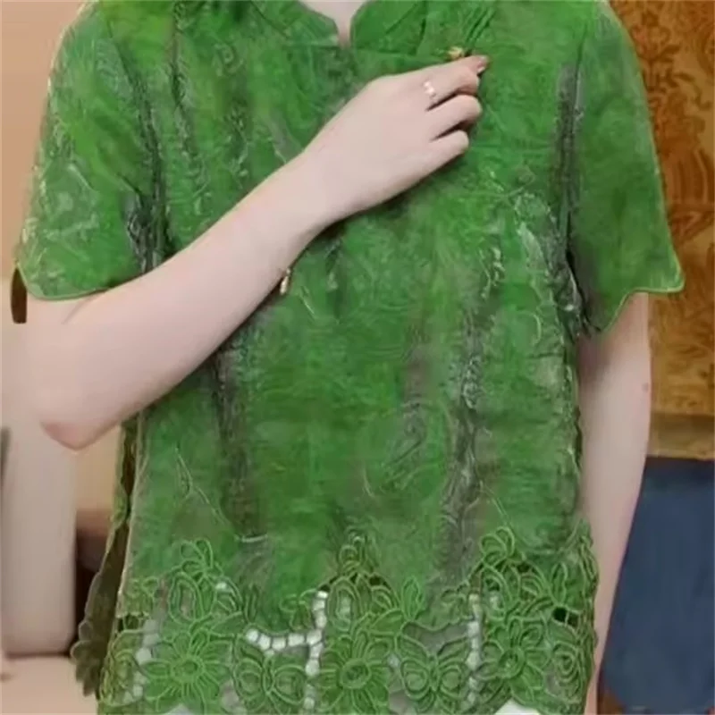 

Зеленая лоскутная кружевная блузка с коротким рукавом, женские топы в китайском стиле, шелковые летние рубашки с воротником-стойкой, мягкая женская футболка