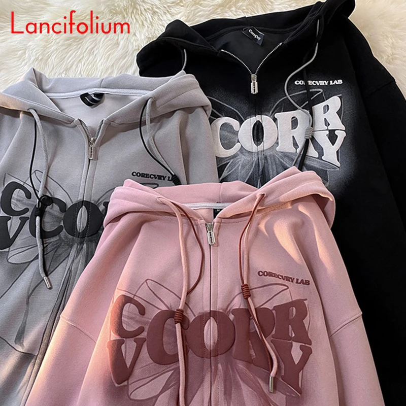 Autumn Vintage Loose BF Preppy Hooded Hoodie Fall Winter Zip Up Drawing Bow 3D Letter Graphic Sweatshirt Jacket Top Women 2023