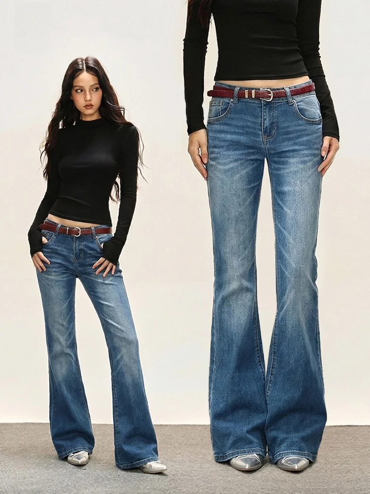 

Женские джинсы-клеш с низкой талией в стиле ретро, весенние, американские, модные, с эффектом потертости, утягивающие, длинные, повседневные, из денима