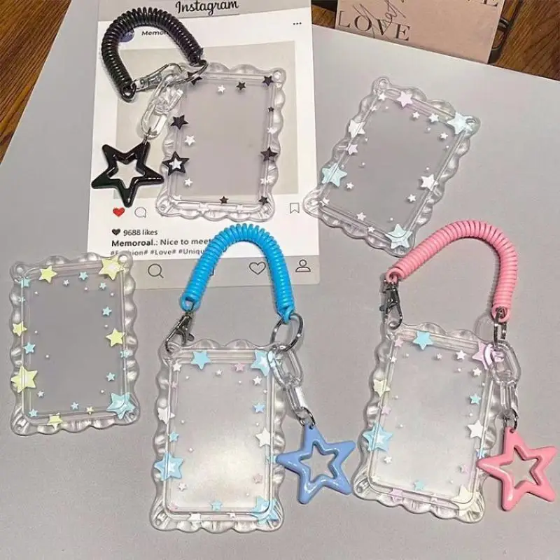 1pcs Star Photocard Holder With Spring Coil Strap Hollow Star Charm Kpop Photo Card Sleeve ID Card Display Protector Case