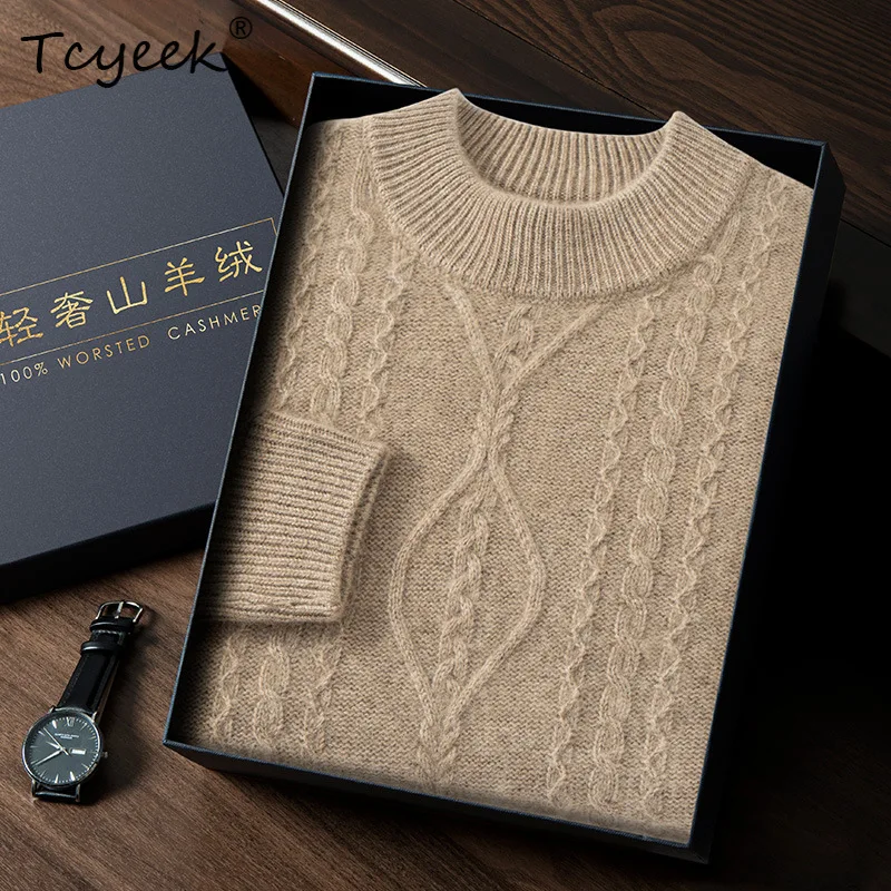 Tcyeek, мягкий пуловер из 35% кашемира, мужской воротник с длинным рукавом, деловой повседневный теплый толстый свитер, осень-зима 2024, T47960QC