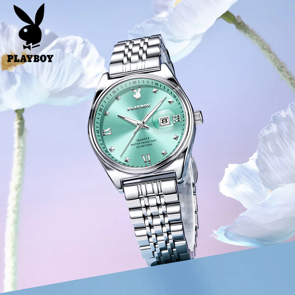PLAYBOY Women Quartz Watch Luxury Elegant Waterproof Date Wristwatch Stainless Steel Ladies Dress Watches for Women 3556
