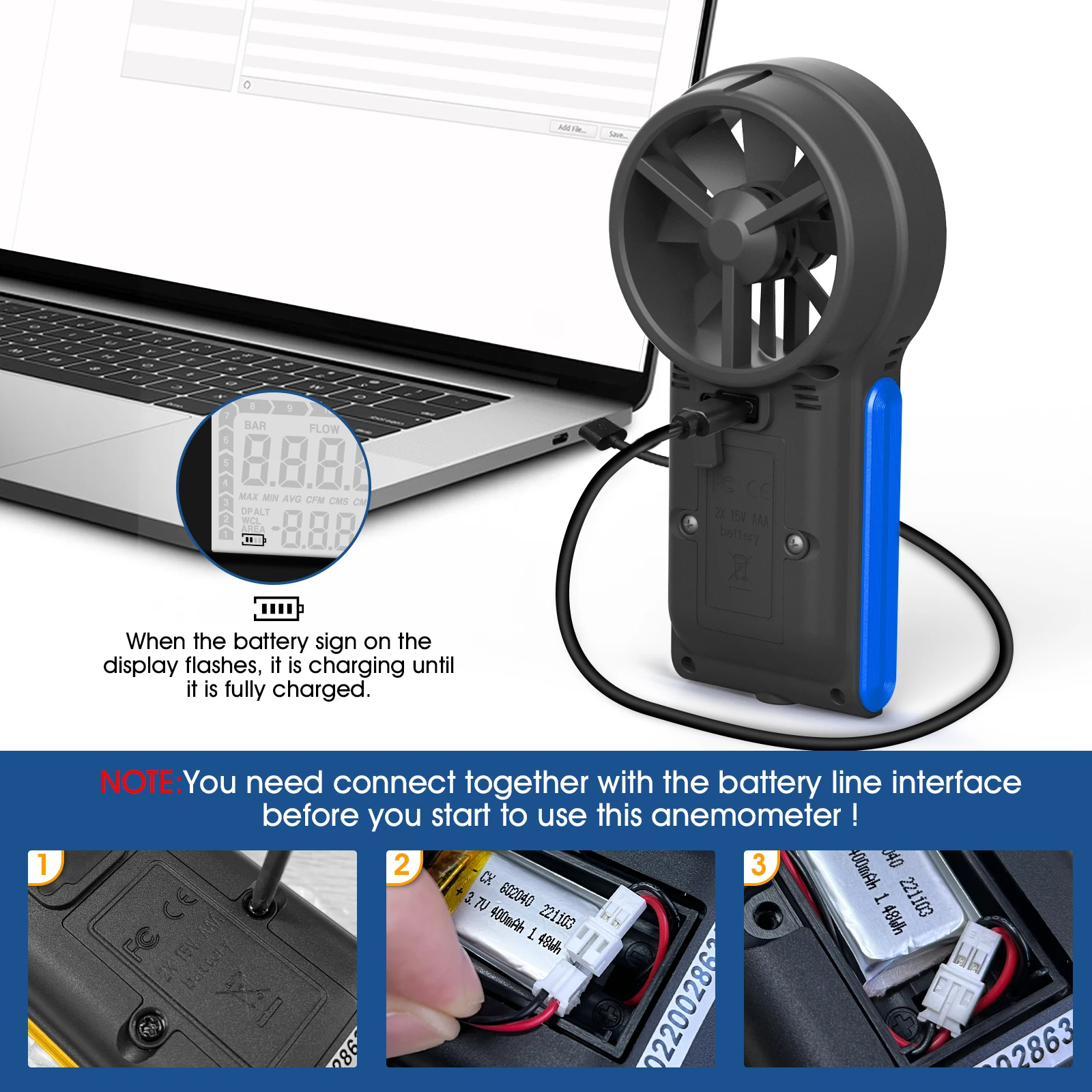 Handheld Wind Speed Meter Bluetooth Anemometer with Atmospheric Pressure, Temperature, RH, Dew Point, and Wind Chill Measure