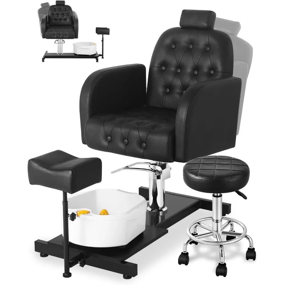 Pedicure Chair No Plumbing for Nail Tech, with Adjustable Footrest and Massage Bath Bowl, Rolling Pedicure Stool