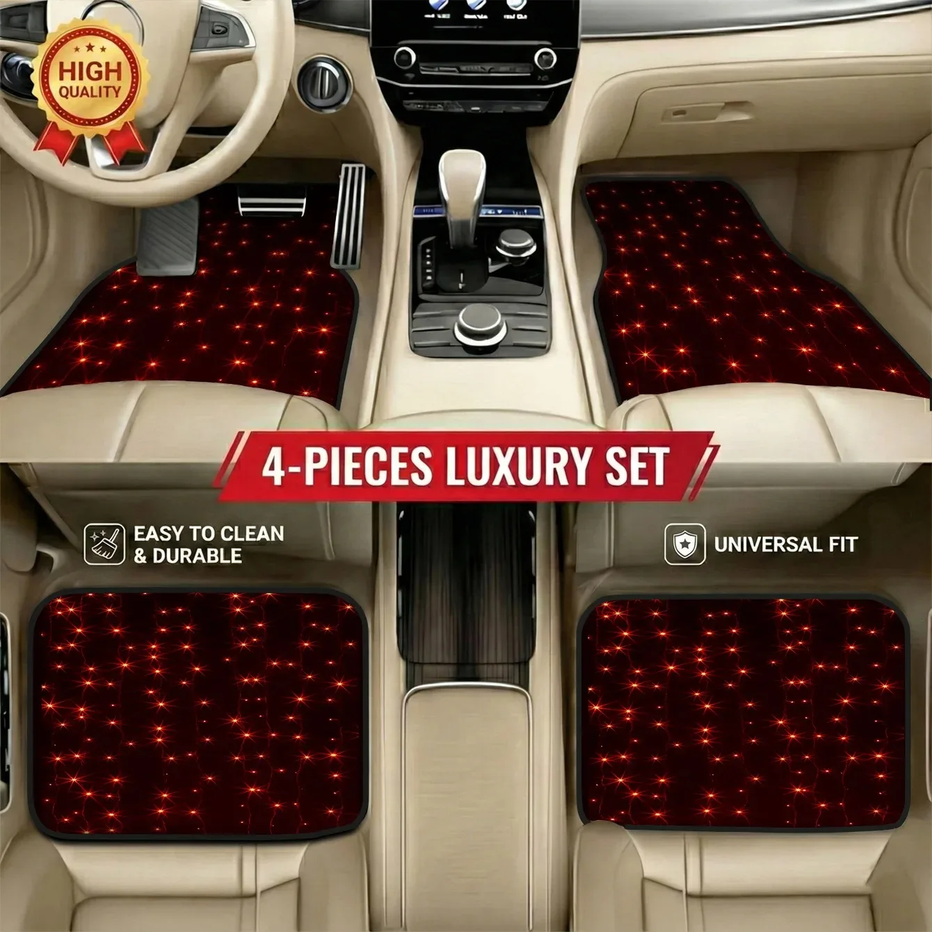 

Unique Red Lights Style Car Floot Mats 4pcs Universal Durable Easy Clean Polyester Fiber Protector Rugs Set Interior Accessories