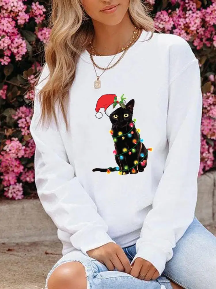 

Cat Cartoon Style 90s Trend Clothing Christmas O-neck Fashion New Year Fashion Graphic Sweatshirts Casual Women Print Pullovers