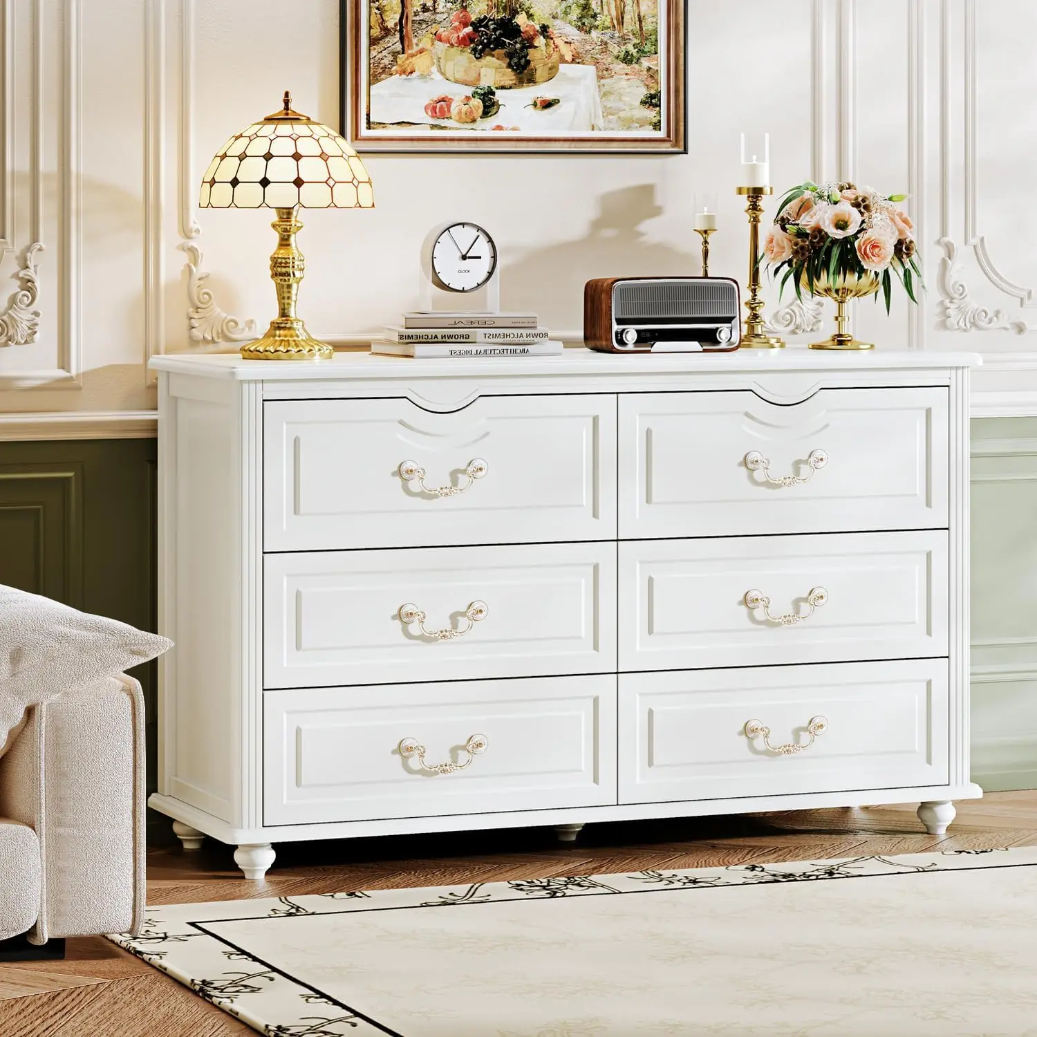 

Современный белый комод с 6 ящиками и защитой от опрокидывания, подставка для телевизора 47,2 дюйма и комод для хранения для спальни, гостиной, прихожей