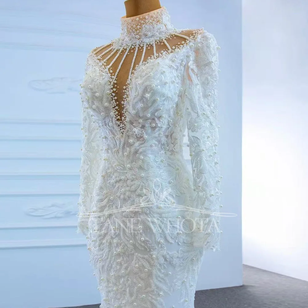 2025 Abito da sposa di lusso a maniche lunghe alte con lacci sul retro Abito da sposa ricamato con perline Abito da sposa personalizzato con strascico a sirena