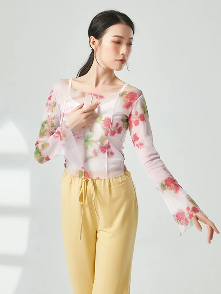 Floral Mesh Long Sleeve Dance Top Women Slim Fit Round Neck Modern Dancewear Stage Performance Costume Ballet Practice Shirt