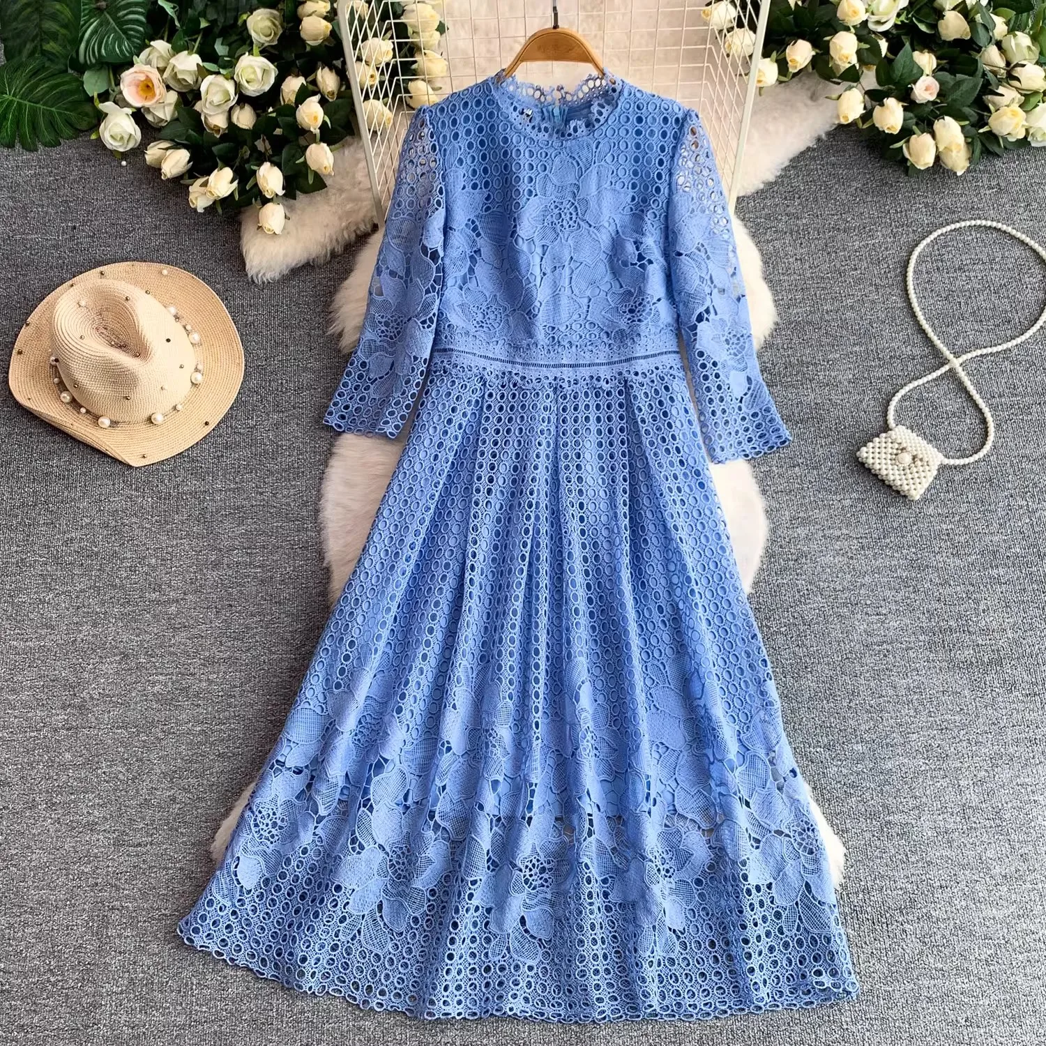 

Embroidery Formal Evening Lace Dress Women Summer Short Sleeve Crochet Hollow Out Midi Dresses Female Birthday Party Vestidos