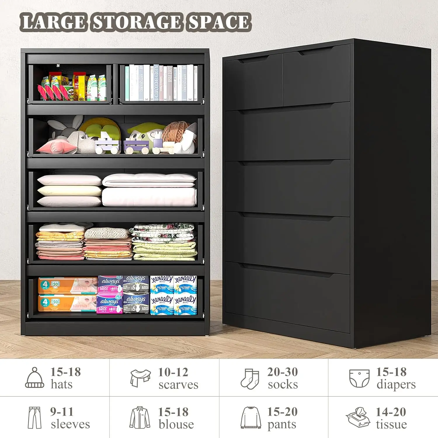 Dresser for Bedroom, Dresser with 6 Wood Drawers, Black Dresser and Tall with Large Organizer, Wood image 5