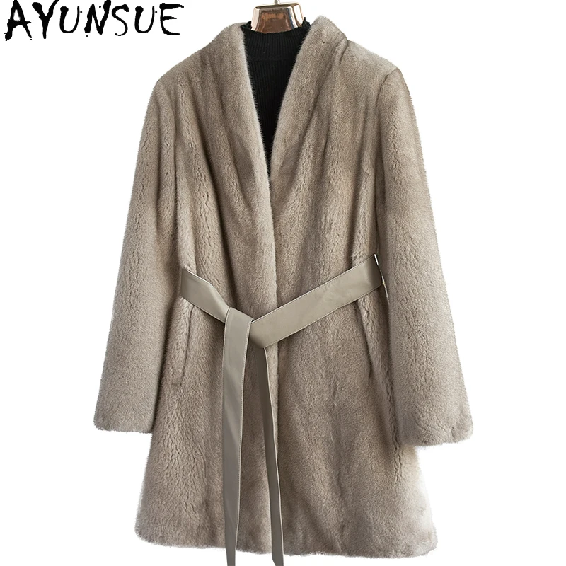 AYUNSUE 2025 معطف فرو حقيقي من المينك بالكامل لخريف وشتاء المرأة متوسطة الطول ورقبة على شكل حرف v معطف فرو منك طبيعي ملابس نسائية شوبانا Жénarska