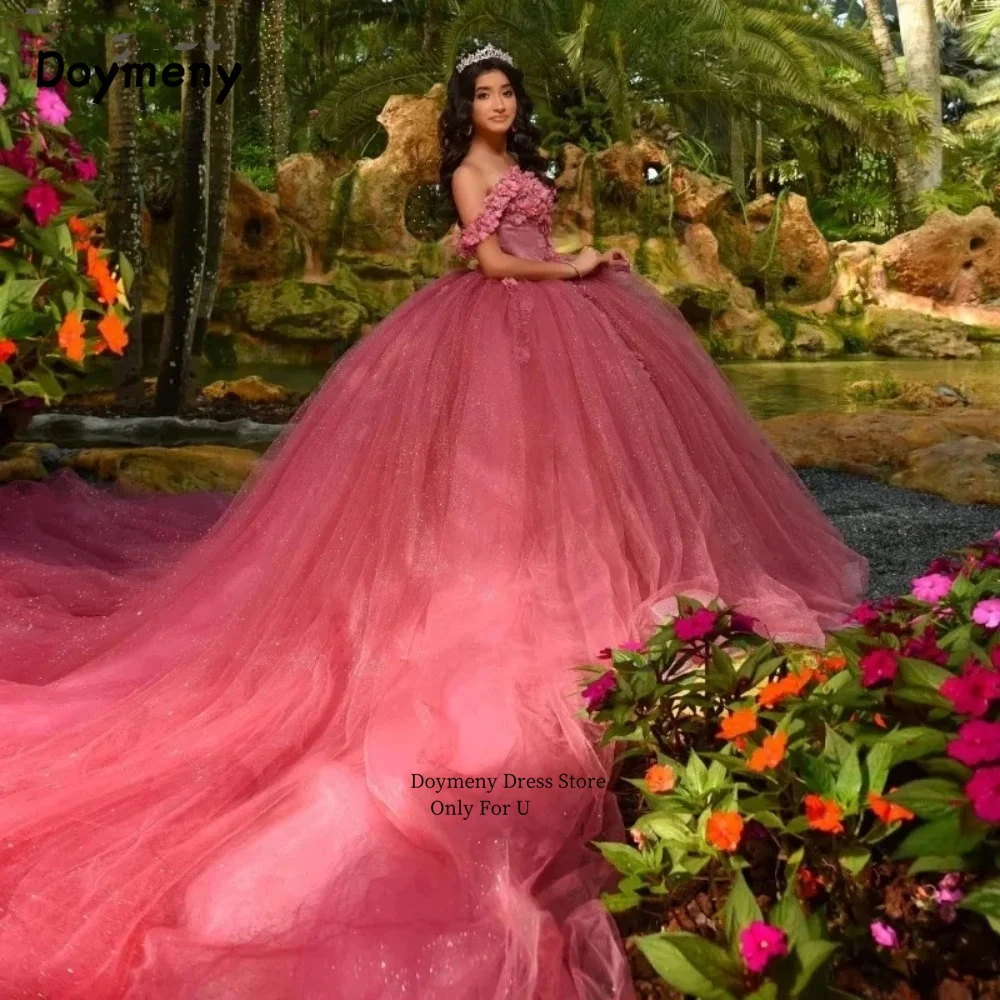 Doymeny-vestido de quinceañera con cuentas y flores en 3D, traje largo de tul con lentejuelas y hombros descubiertos para baile de 15 niñas