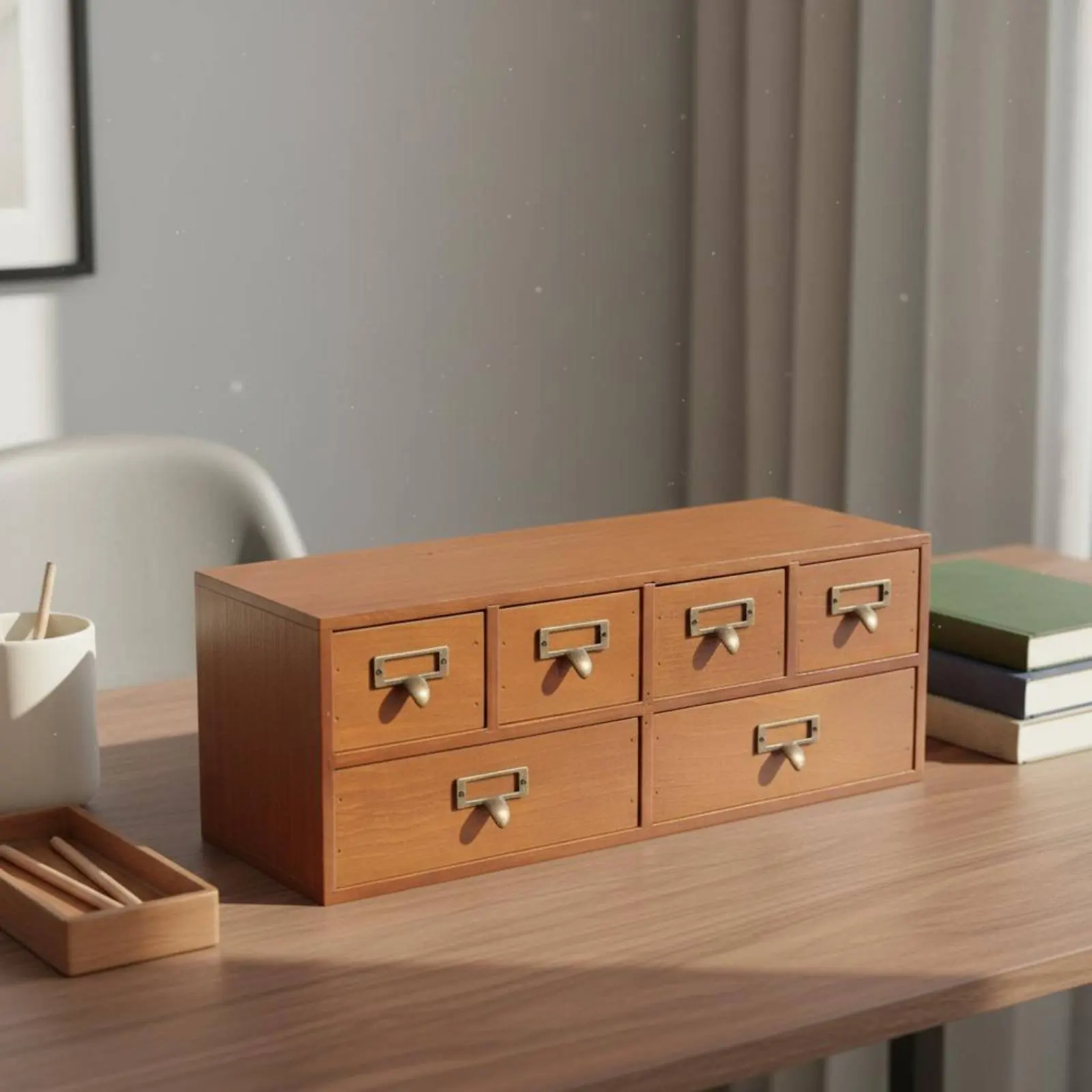 Wooden Desktop Storage Drawers Large Capacity Wooden Drawer Organizer Retro Desktop Cabinet Metal Label Pulls for Dresser Top