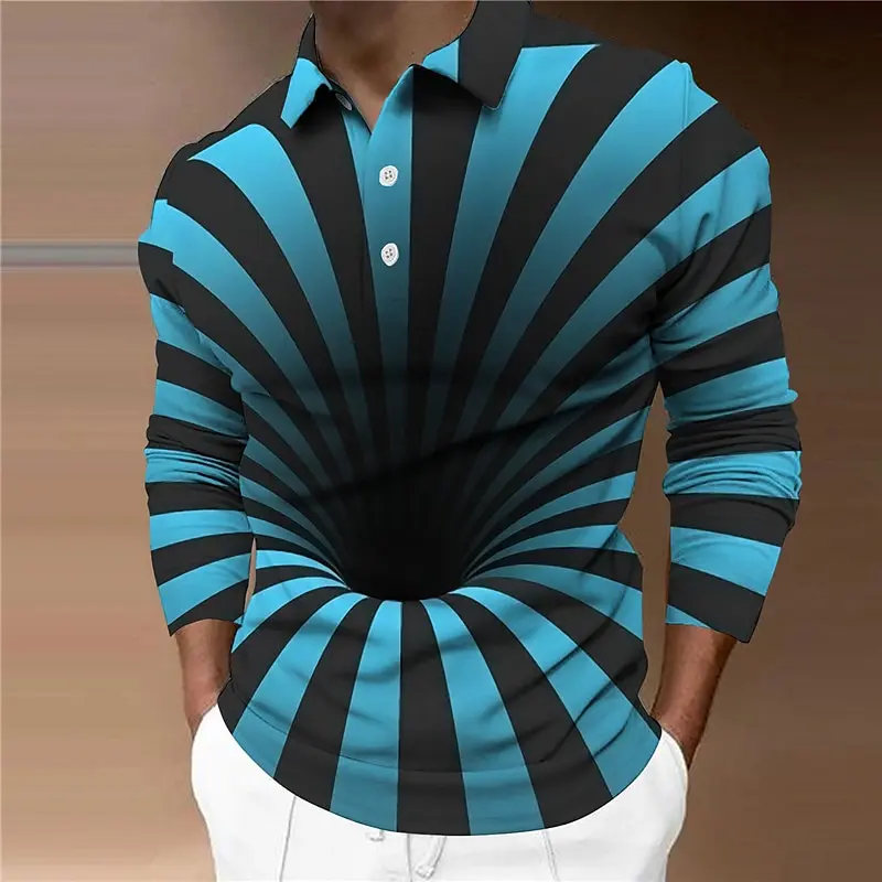 Funny 3D Optics Print Polo T Shirt For Men Hip Hop Trend Harajuku Streetwear Fashion Casual Loose Long Sleeved Top Autumn Shirts