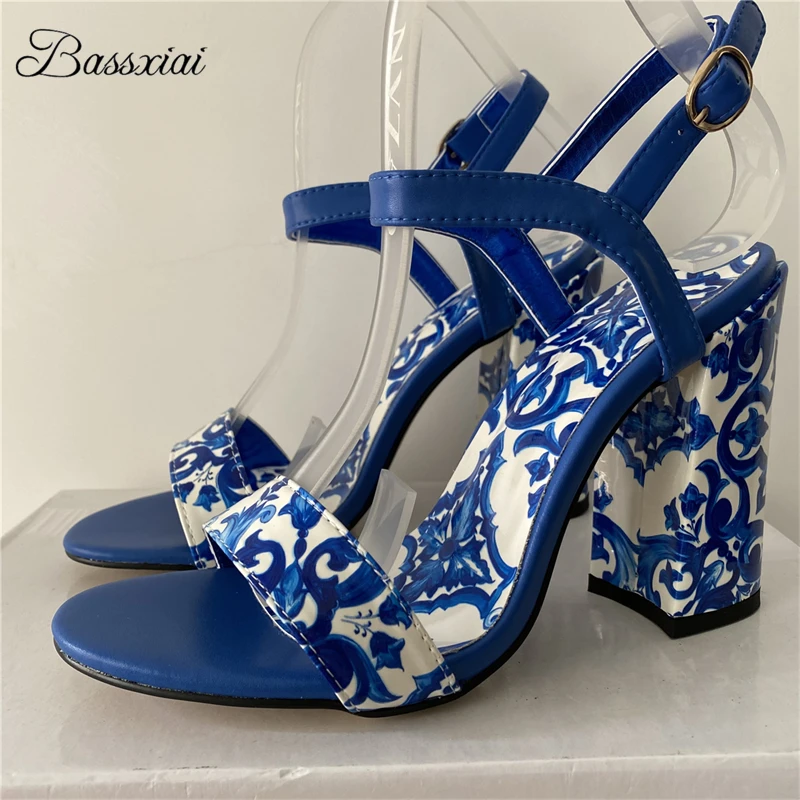 Blue And White Porcelain Print Sandals Women Genuine Leather Ankle Strap Chunky Heel Concise Style Summer Shoes
