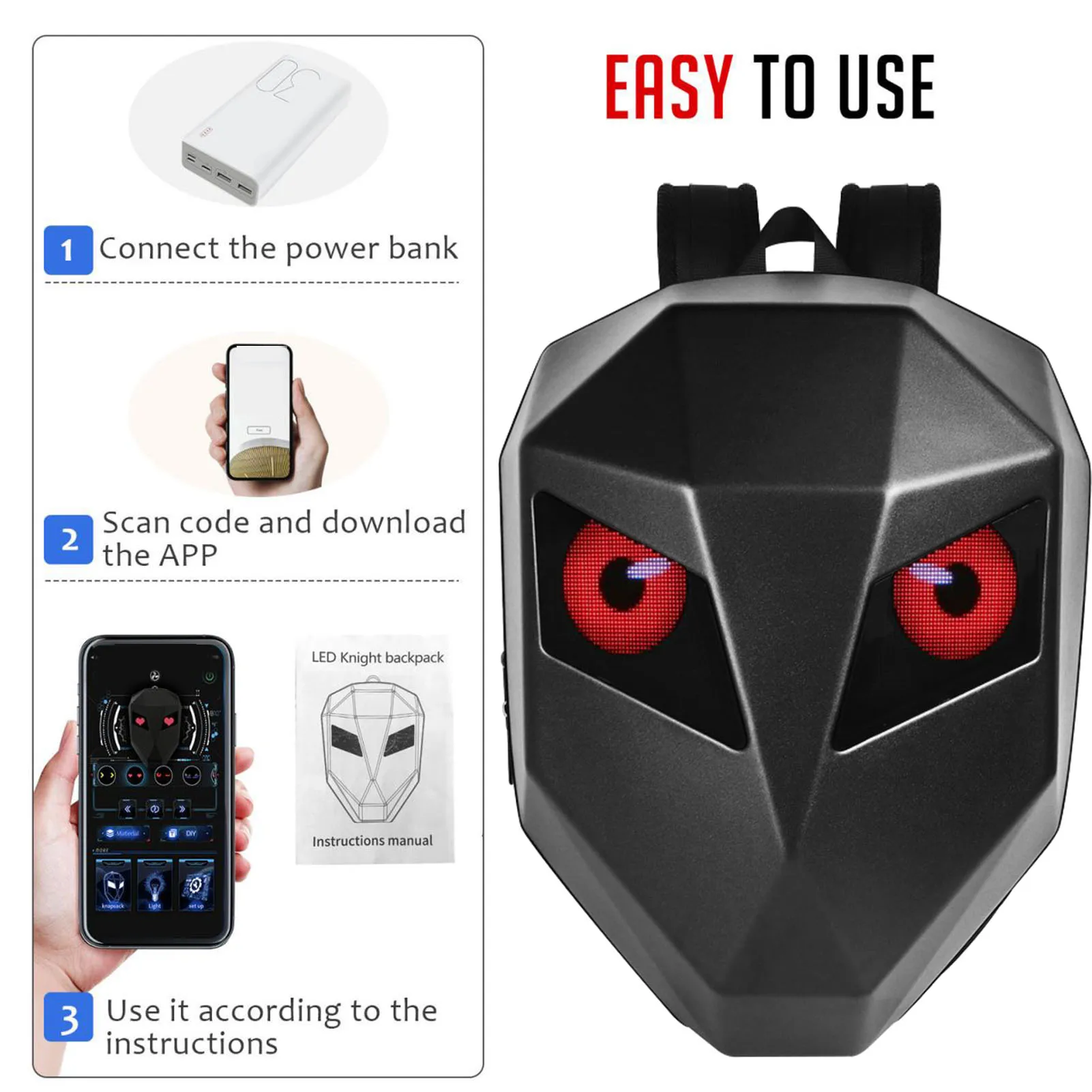 حقيبة ظهر بلوتوث LED حقيبة ظهر LED مزودة بتقنية البلوتوث للتحكم في التطبيقات وشاشة قابلة للبرمجة حقيبة خوذة ذات هيكل صلب للسفر وركوب الدراجات النارية