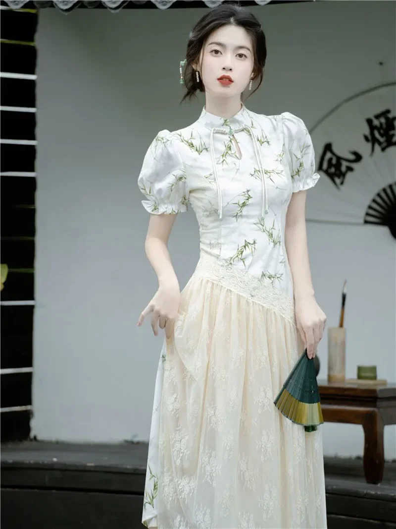

New Women Beige Gentleness Cheongsam Floral Short Sleeve Vintage Dress Slim Elegant Female Traditional Qipao S To XXL