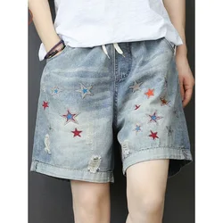 Women Denim Shorts Colorful Star Embroidery Print Elastic Waist Loose Short Jean Pants Female Summer S-3xl Casual Denim Pants