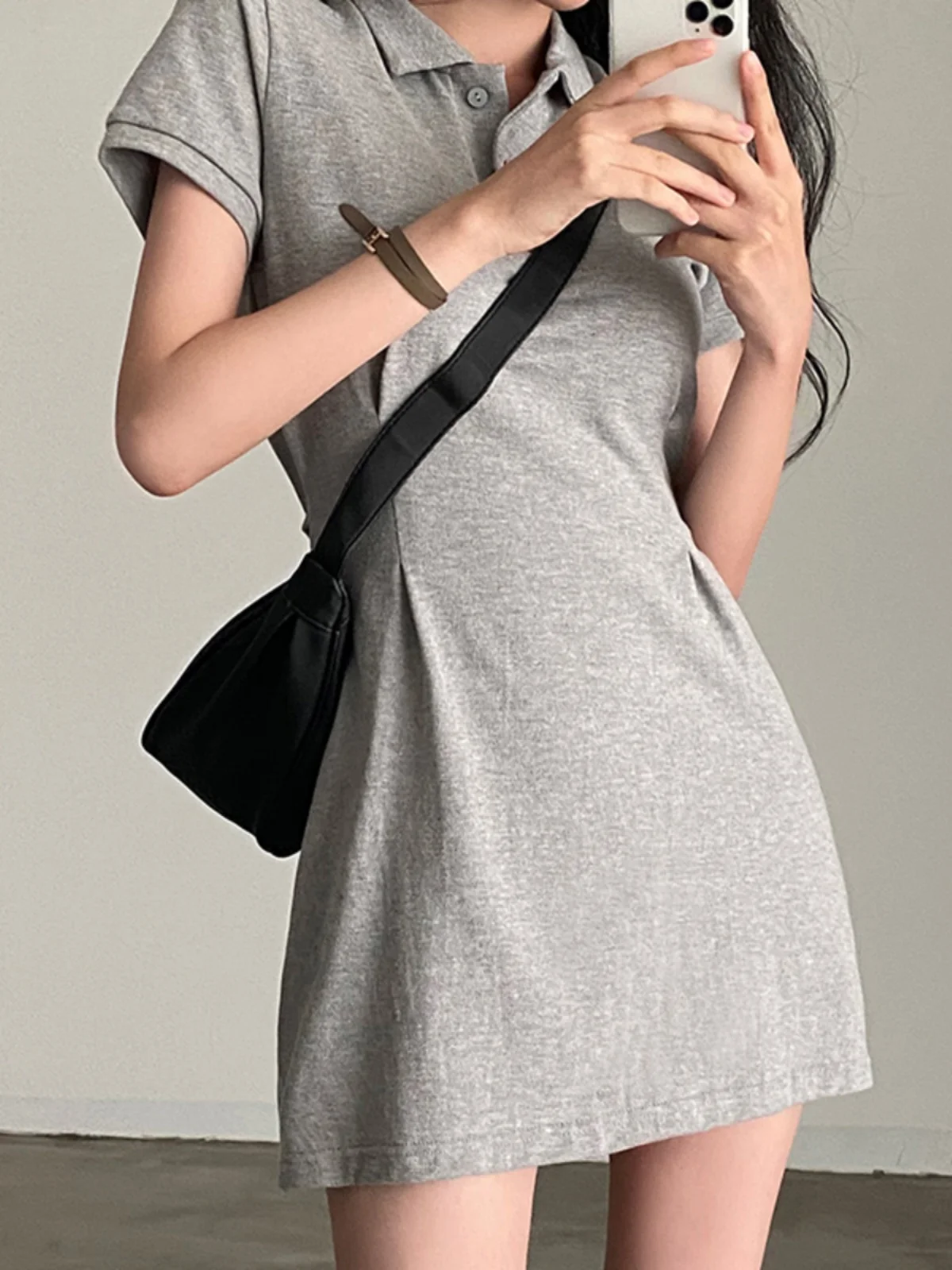 Slim Fit  Short Skirt Women's Style Summer Casual Short Sleeve High Waist A-Line Dress Korean Version Pure Color Commute