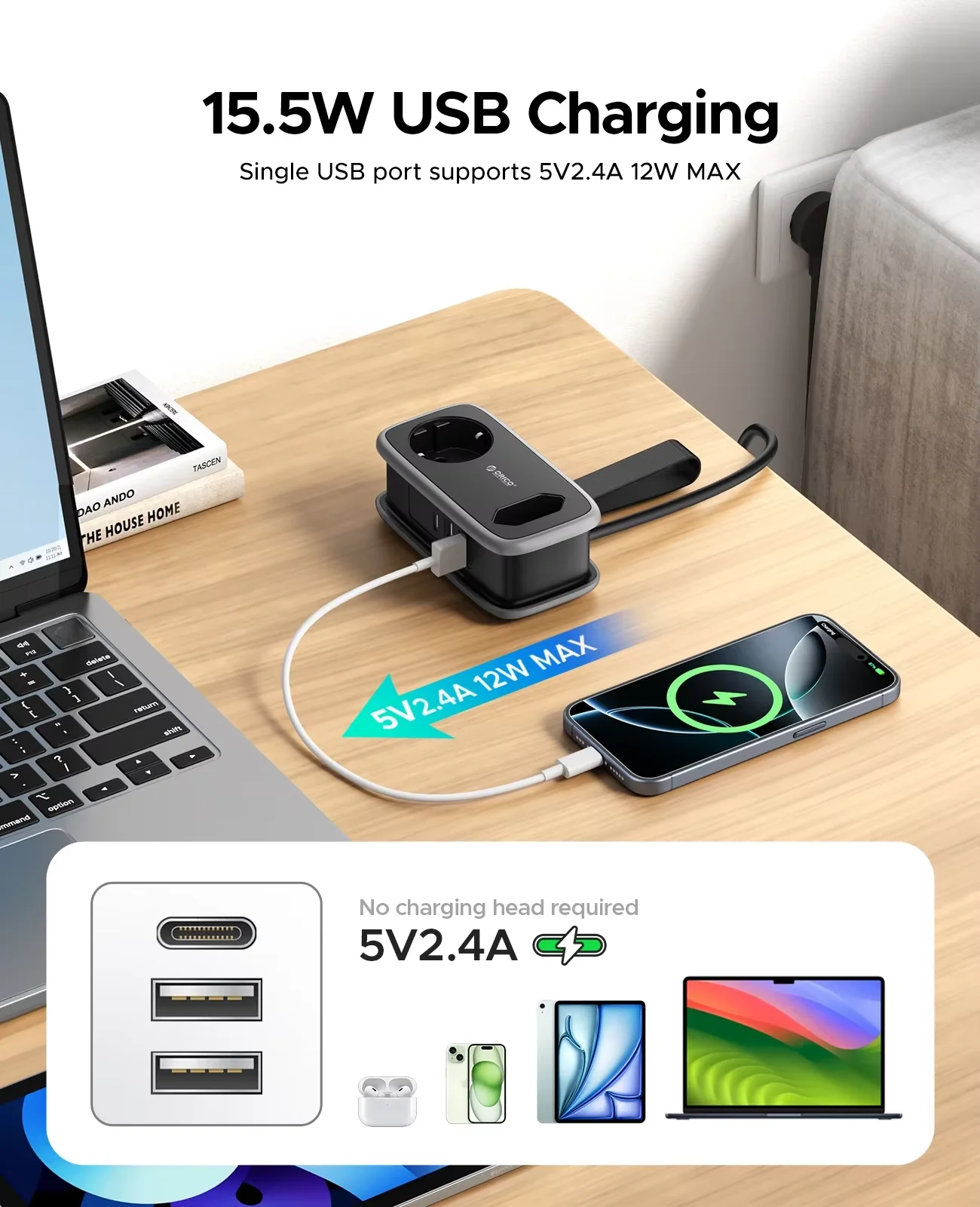 ORICO 5-In-1 Smart Charging Sockets 2AC 3USB Port Outlets 1.1M Extension Cable EU Plug Travel Power Strip Usb Electrical Socket