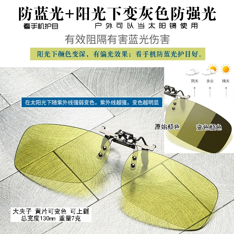 Anti-blue light and anti-glare clip-on lenses that turn gray in sunlight, reversible for both men and women with myopia