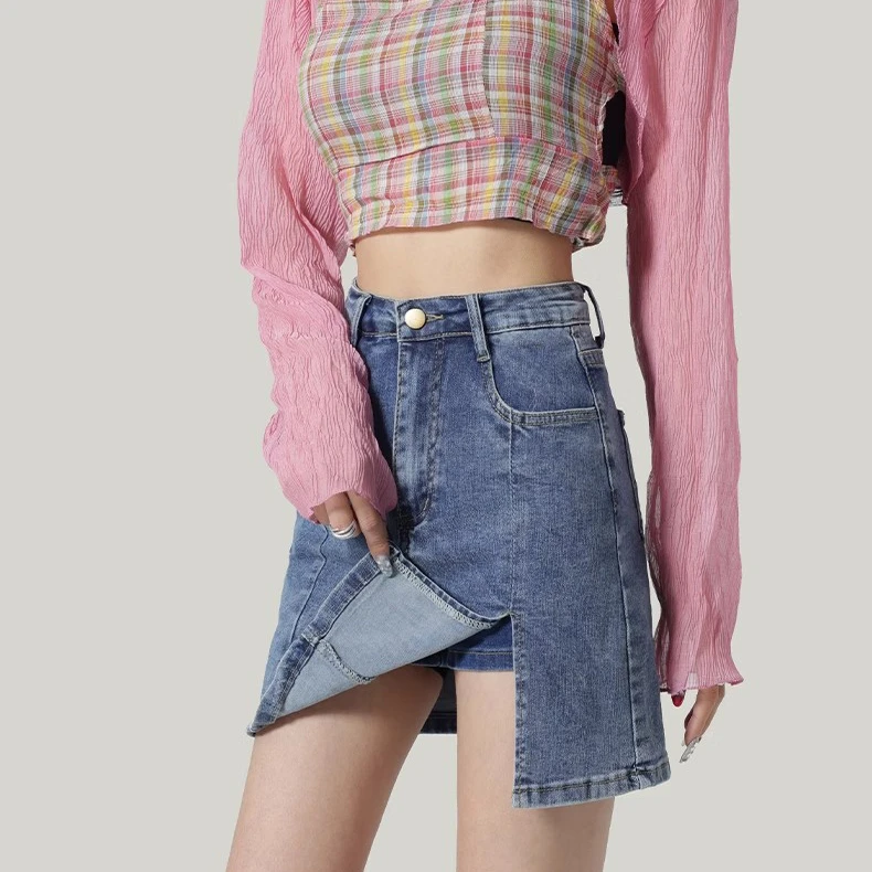 High-waisted denim half-body skirt female summer new small people Slim thin a word anti-walking open fork package hip skirt