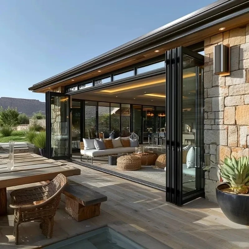 Energy Efficient Double Glazed Aluminium Bifold Door French Windows Hinged Sliding Stacking Glass Doors For Home  Commercial Use