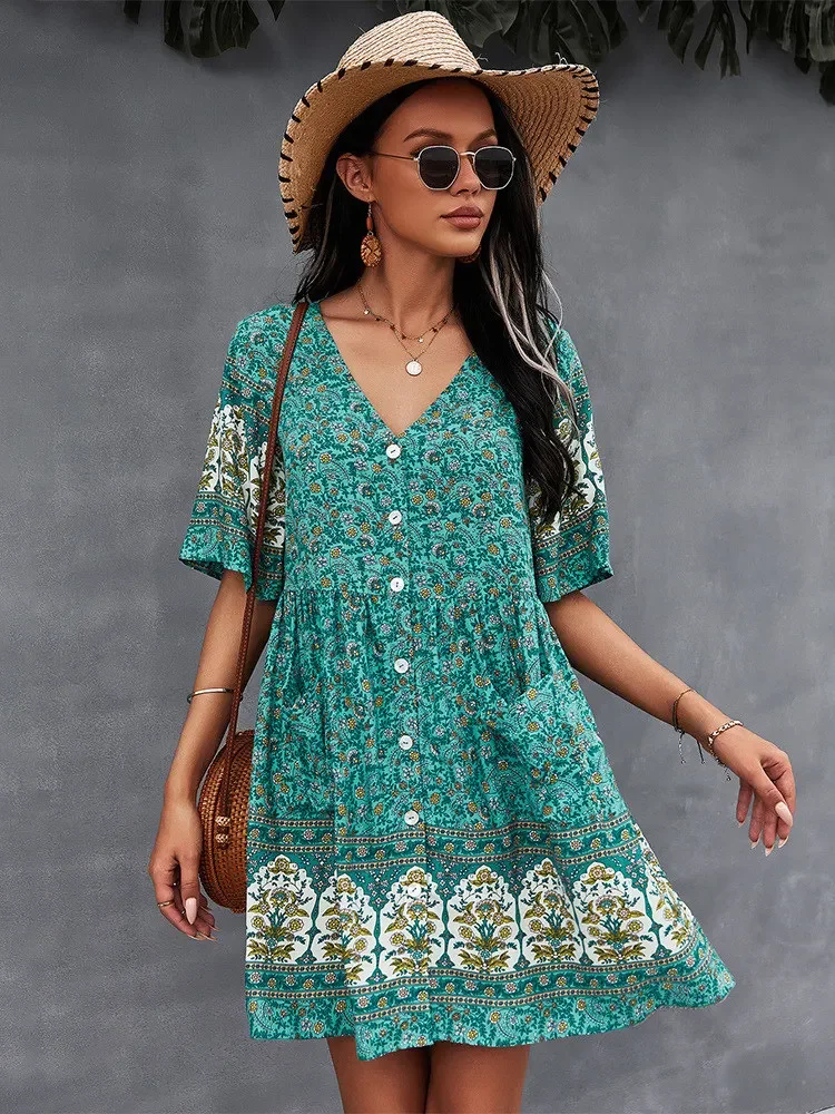 Floral Print Summer Short Dress Women V Neck Bohemian Short Sleeve Loose Dress Black Dress 2024