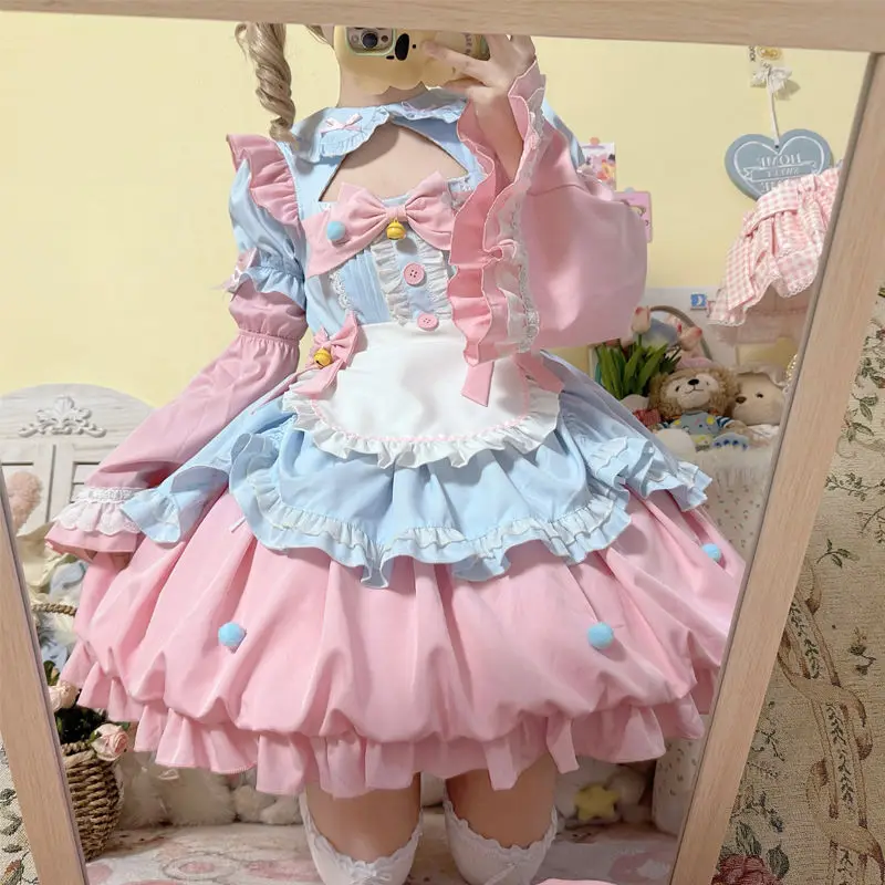 Kawaii urocza Lolita kokarda kostiumy pokojówka Cosplay kwiatowy pączek dziewczyna pokojówka strój dla kelnerki imprezowe kostiumy sceniczne