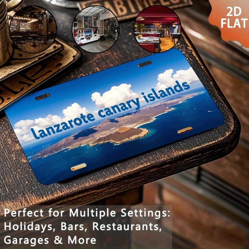 HD Aluminum Print, Vintage Lanzarote Canary Islands Aerial View Coastal License Plate Style Wall Art, High Definition Bend-Resis