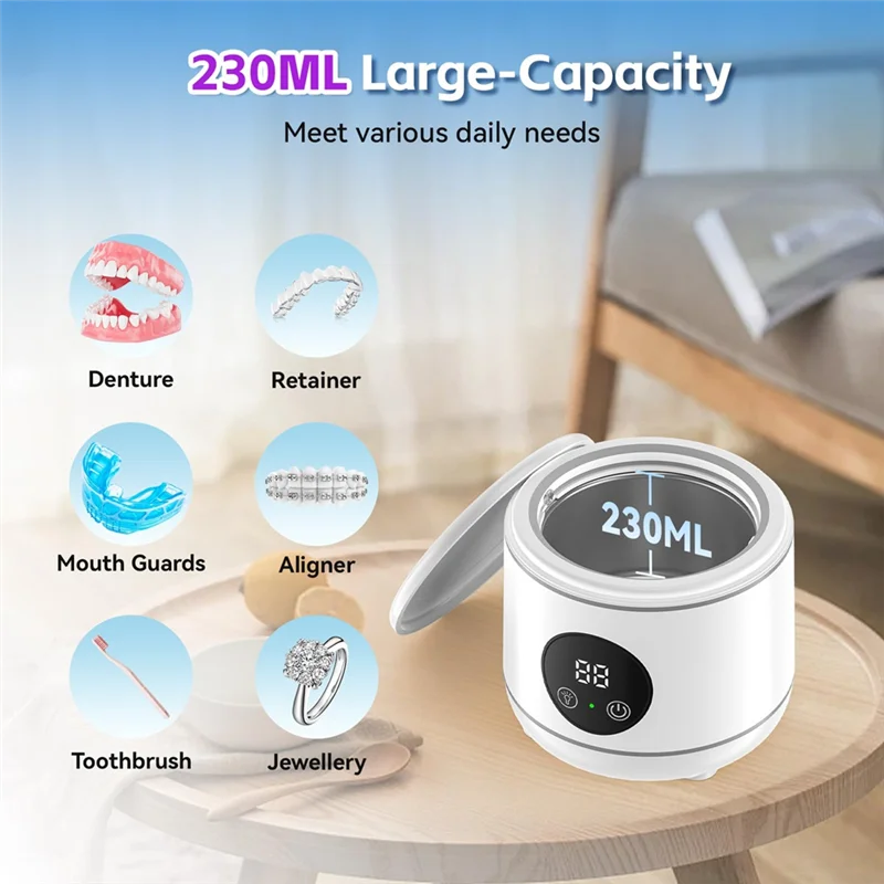 Ultrasonic Retainer Cleaner 7.8Oz Portable Cleaning Pod With Digital Timer 	 EU Plug