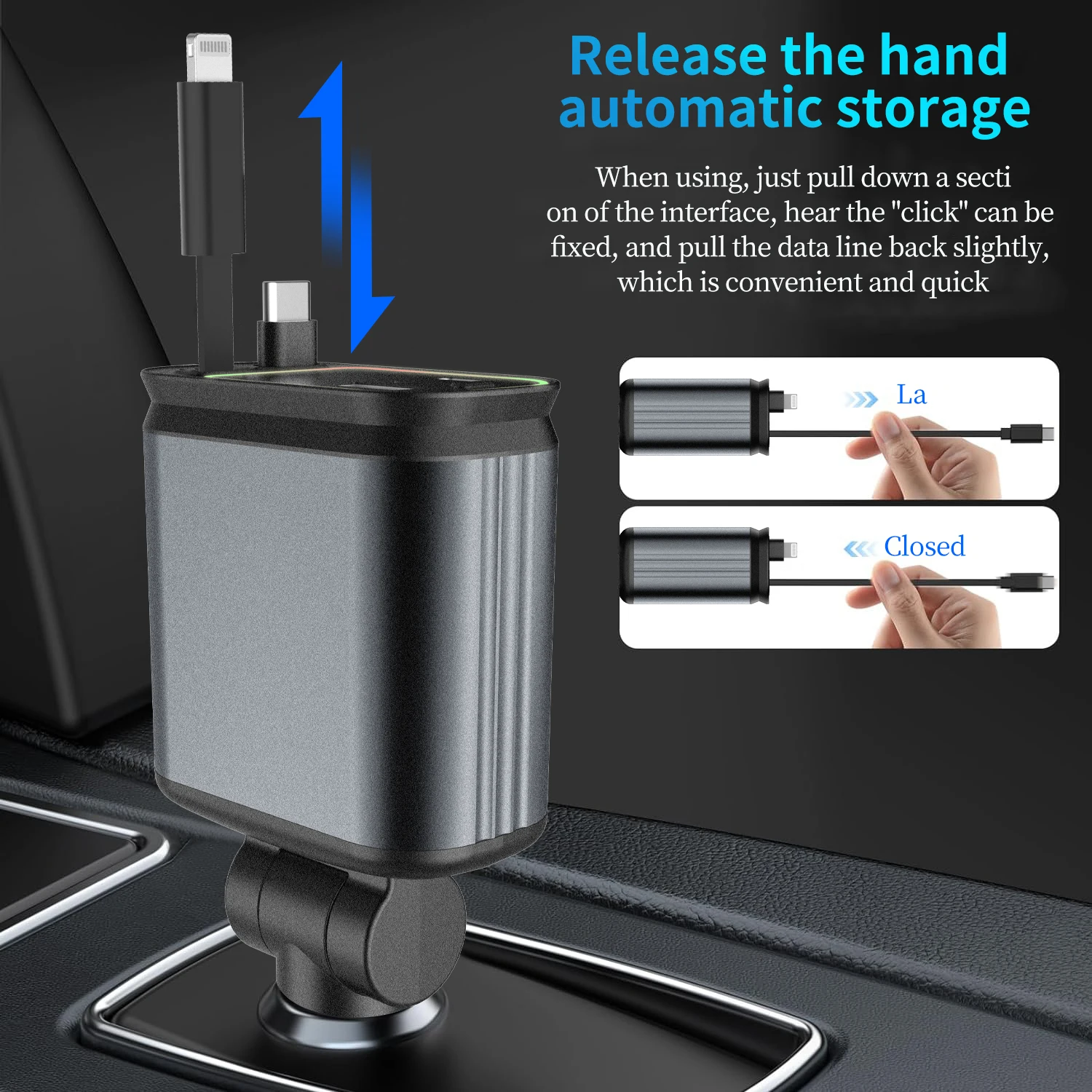 USB Type-C 4 IN 1 Retractable Car Charger with Starlight Super Fast Car Phone Charger Cigarette Lighter for IOS Android Phones image 3