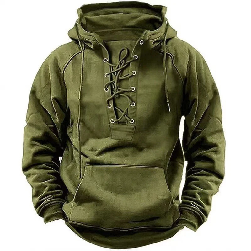 2024 Herfst Trendy Heren Sweatshirts Met Capuchon Lace-up Trekkoord Lange Mouw Losse Hoodies Mannen Streetwear Vintage Effen Kleur Hoodie