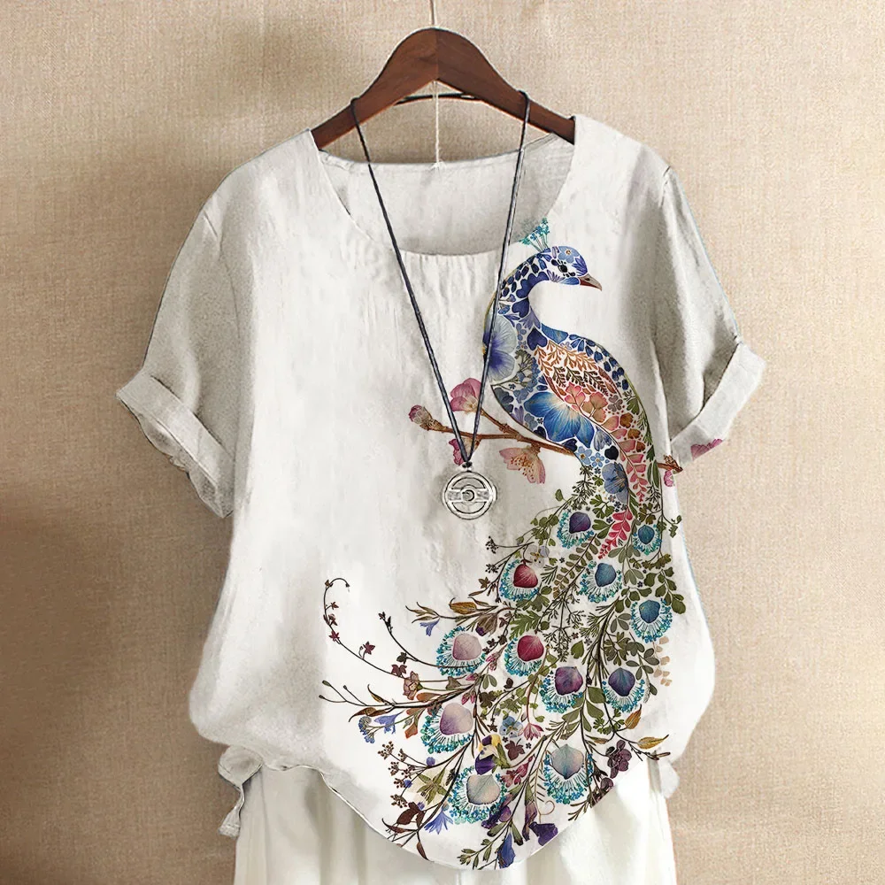 Summer fashion 3D peacock print round neck short-sleeved T-shirt Y2K casual loose women's new T-shirt white shirt plus size top image 5