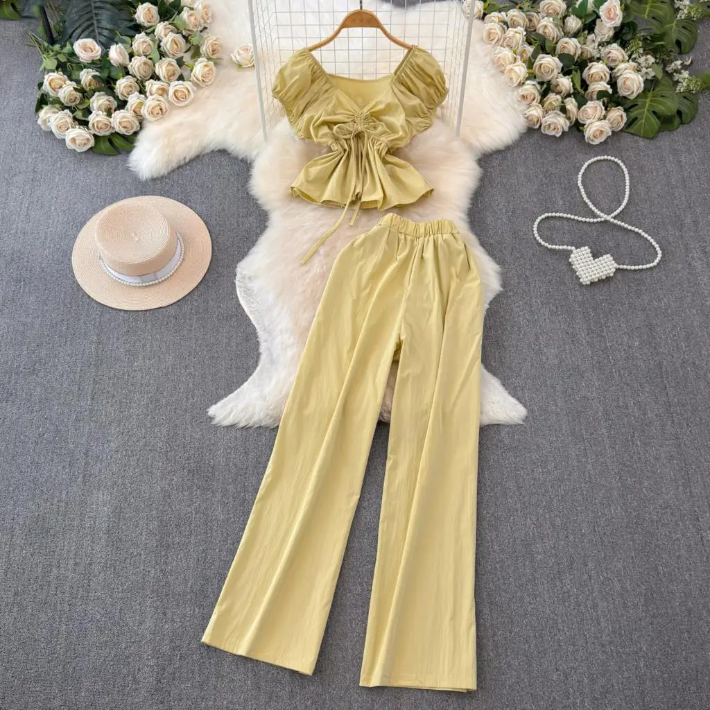 Summer Solid Chic Women Fashion New Pantsuit Vintage Short Sleeve Crop Tops Straight Pants Outfits Female Holiday Two Pieces Set